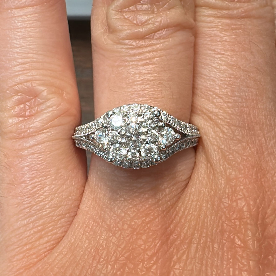 1.10 CT diamond anniversary ring with 55 round diamonds set in 14K white gold.