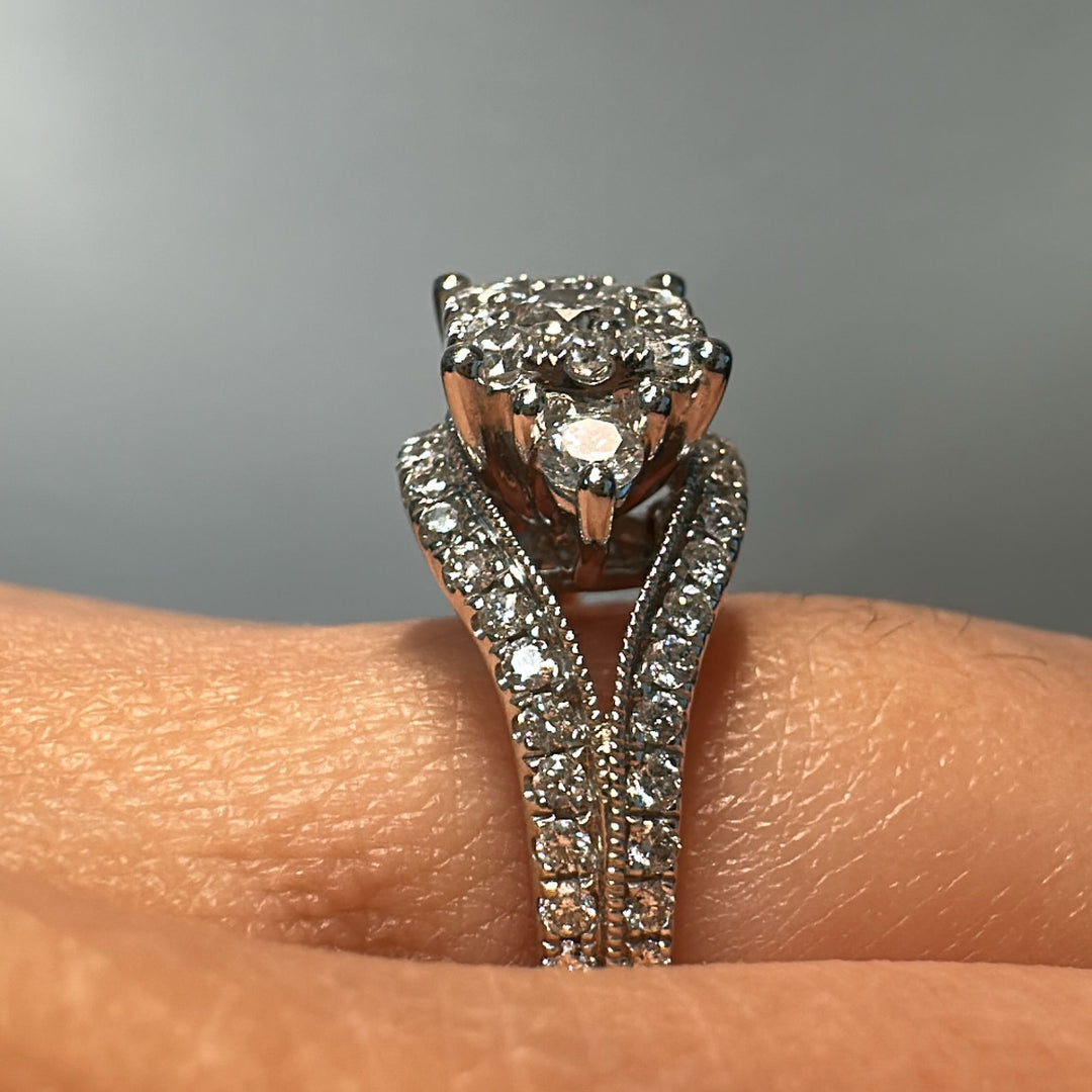 1.10 CT diamond anniversary ring with 55 round diamonds set in 14K white gold.