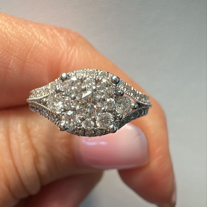 1.10 CT diamond anniversary ring with 55 round diamonds set in 14K white gold.