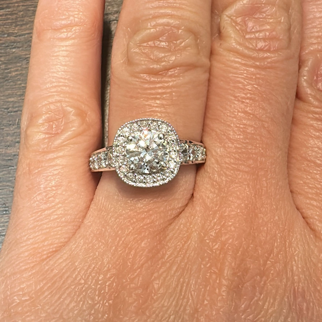 1.02 CT lab-grown diamond halo engagement ring in 14K white gold.