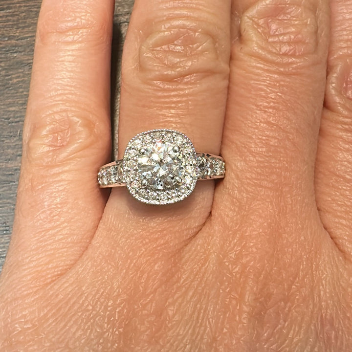1.02 CT lab-grown diamond halo engagement ring in 14K white gold.