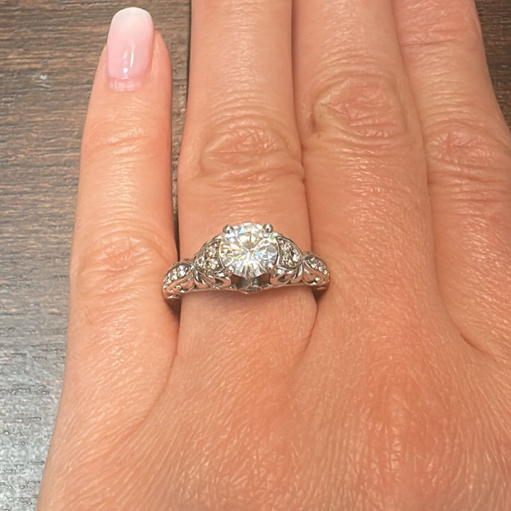 0.87 CT Round Moissanite Vintage Engagement Ring, 14K White Gold