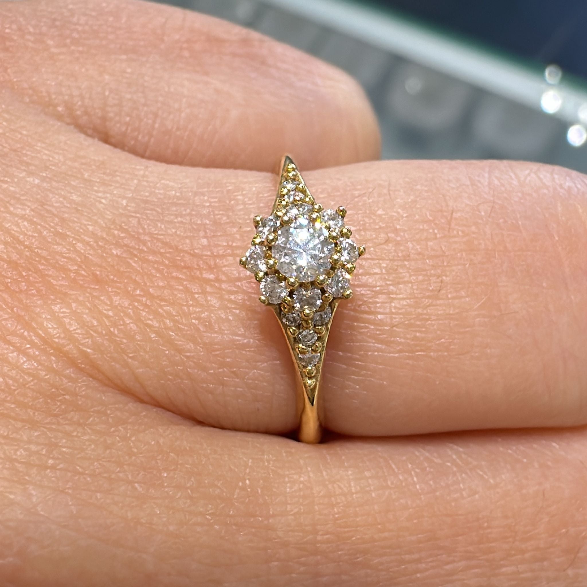 0.33 CT natural diamond cluster ring in 14K yellow gold with vintage-style design.