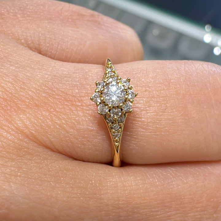 0.33 CT natural diamond cluster ring in 14K yellow gold with vintage-style design.