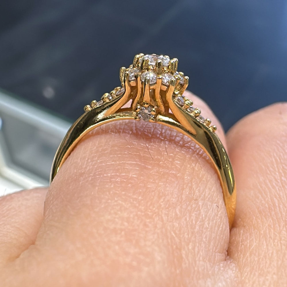 0.33 CT natural diamond cluster ring in 14K yellow gold with vintage-style design.