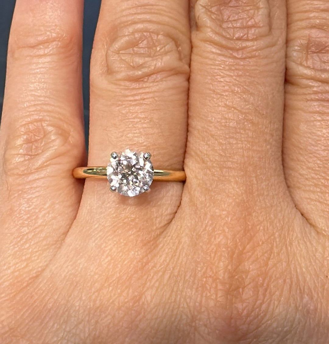 1 CT round morganite solitaire engagement ring in 14K gold.
