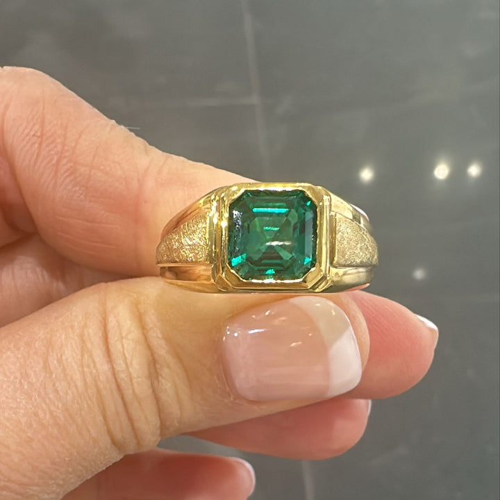 10K gold men’s ring with 2 CT Asscher cut lab-grown emerald in bezel setting