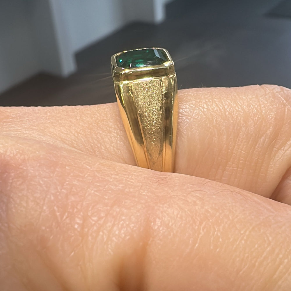 10K gold men’s ring with 2 CT Asscher cut lab-grown emerald in bezel setting