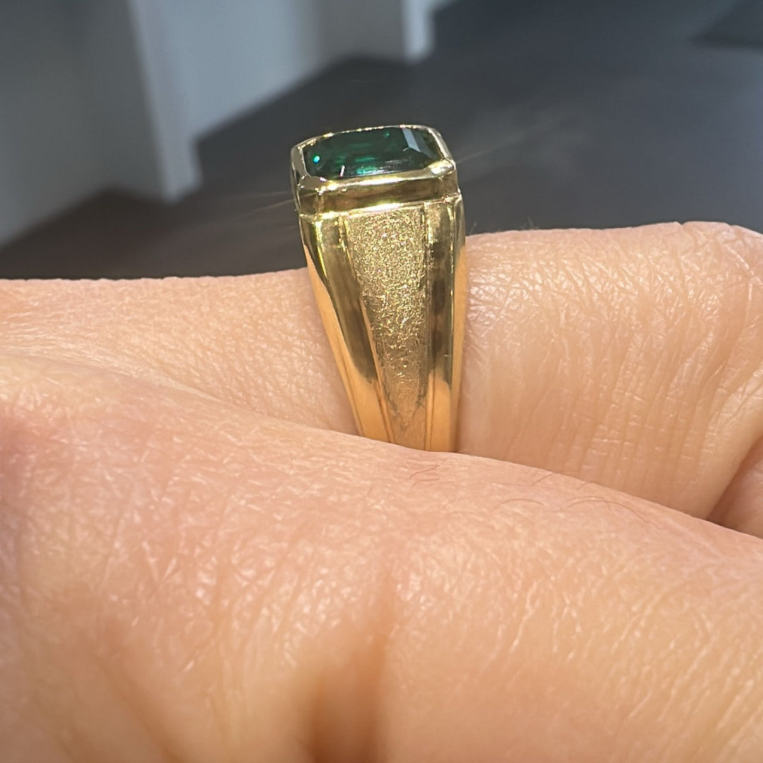 10K gold men’s ring with 2 CT Asscher cut lab-grown emerald in bezel setting