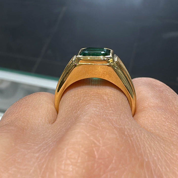 10K gold men’s ring with 2 CT Asscher cut lab-grown emerald in bezel setting