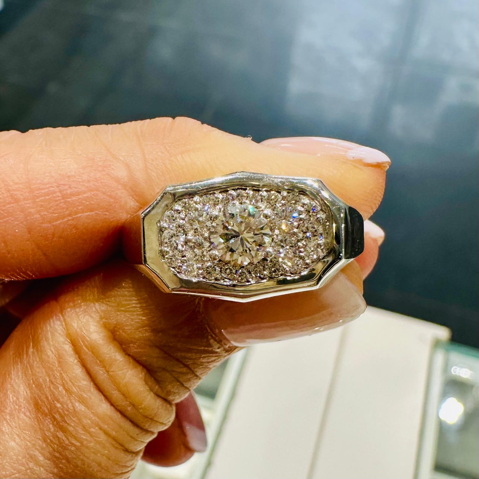 14K white gold men’s ring with 0.70 CTW lab-grown diamonds in pavé and center setting

