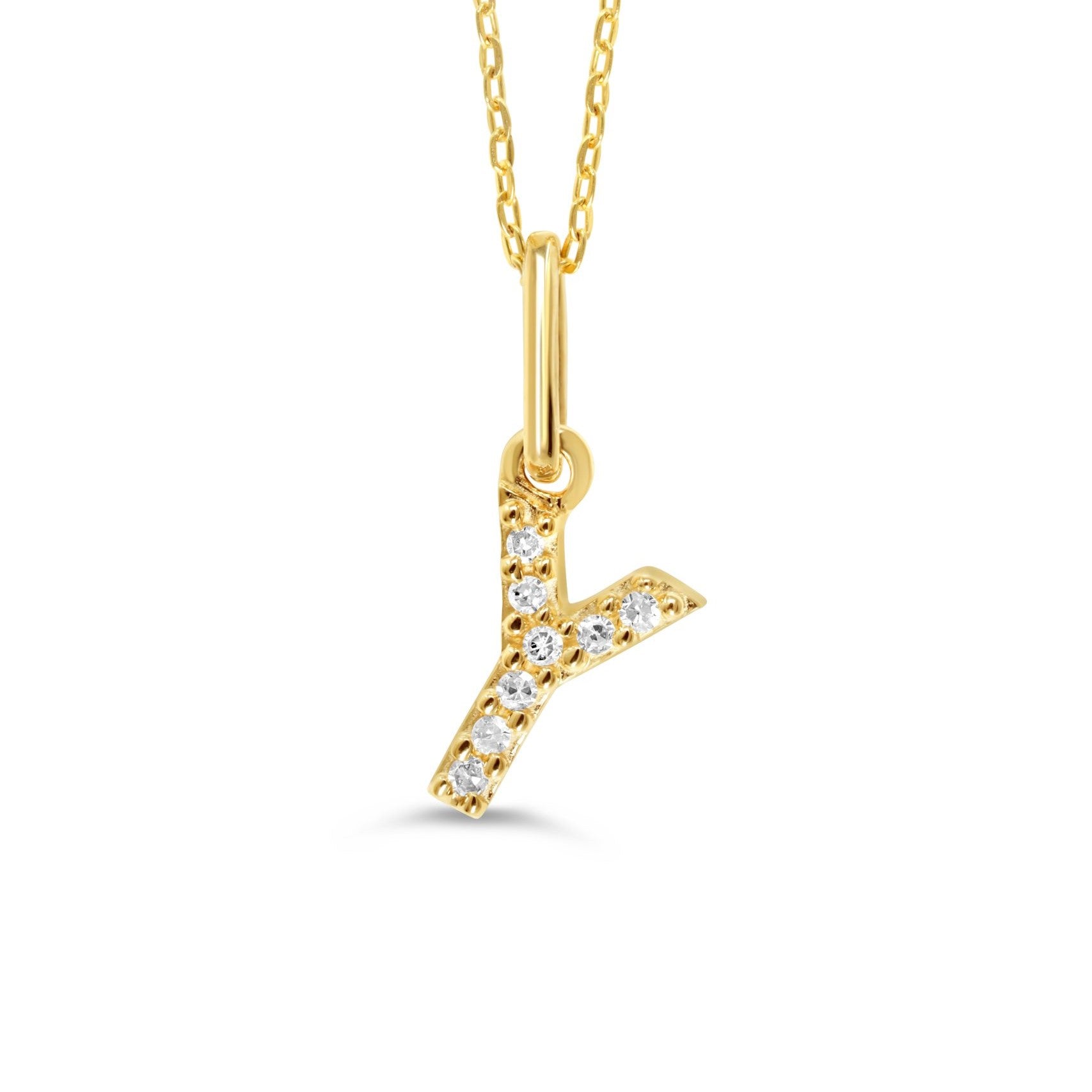 Yellow gold diamond "Y" pendant necklace with 0.03CT diamonds and cable chain.