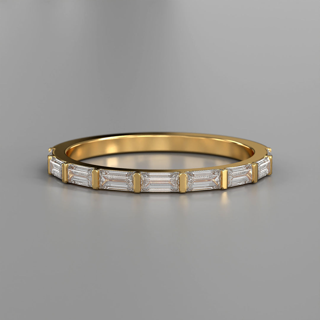 Baguette lab diamond bar prong half eternity wedding band