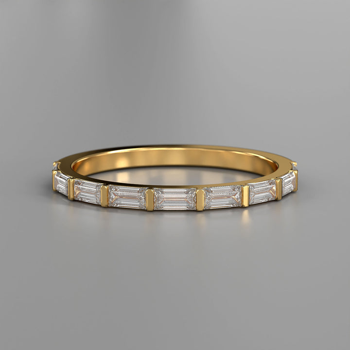 Baguette lab diamond bar prong half eternity wedding band