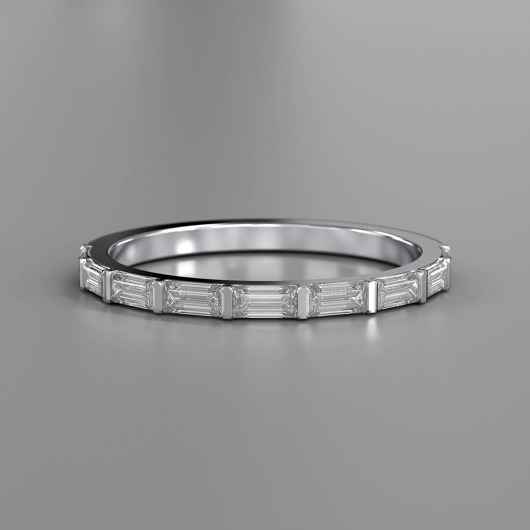 Baguette lab diamond bar prong half eternity wedding band