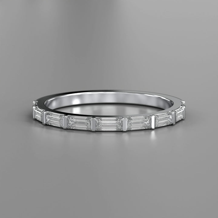 Baguette lab diamond bar prong half eternity wedding band