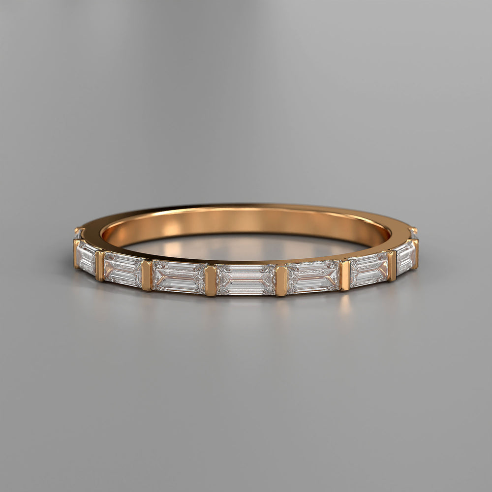 Baguette lab diamond bar prong half eternity wedding band