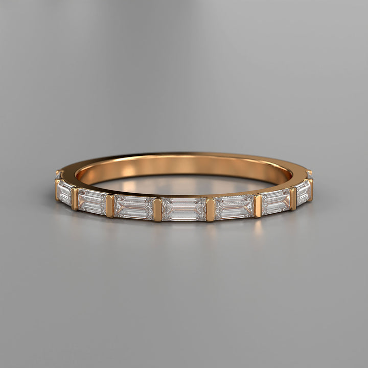 Baguette lab diamond bar prong half eternity wedding band