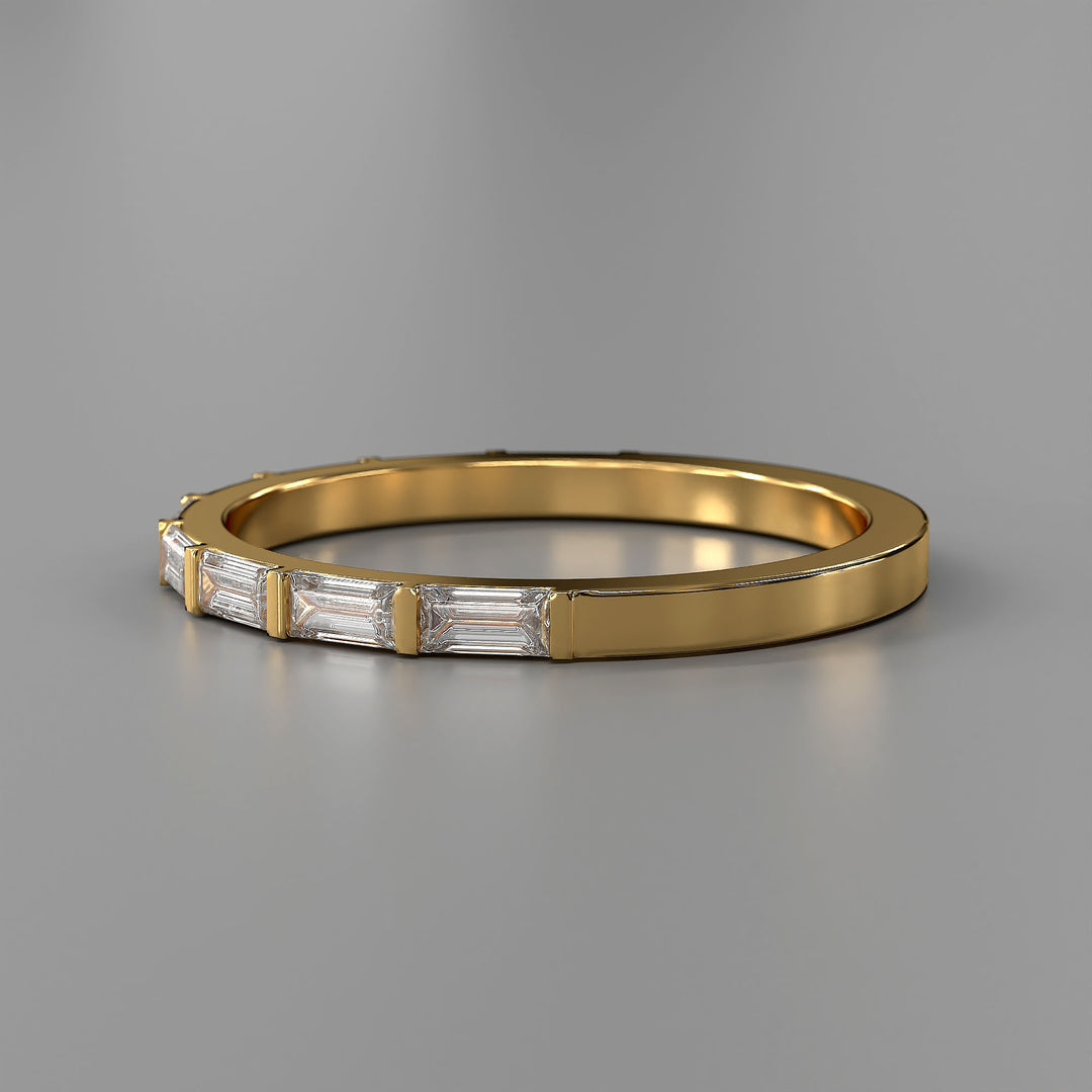 Baguette lab diamond bar prong half eternity wedding band