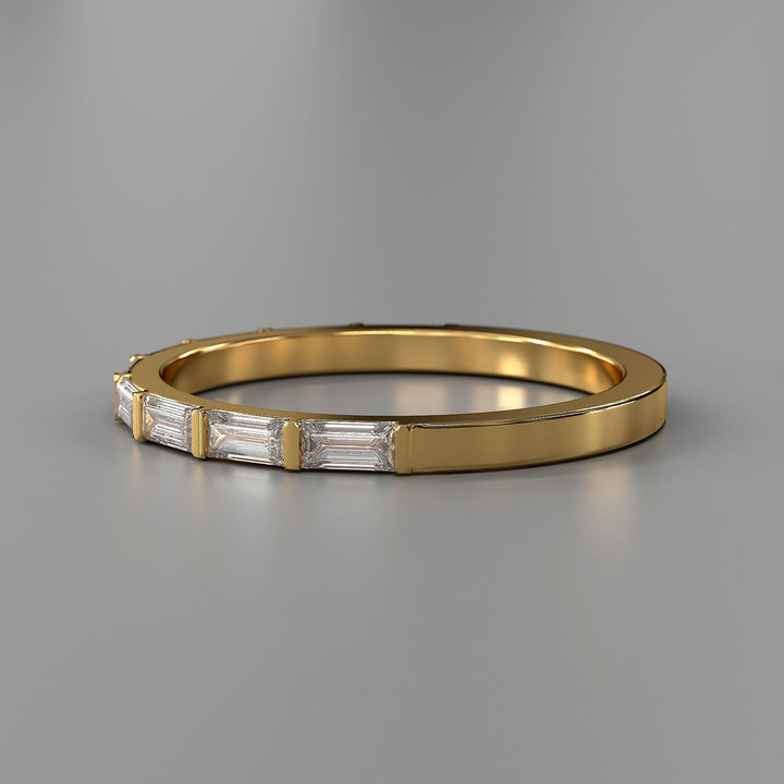 Baguette lab diamond bar prong half eternity wedding band