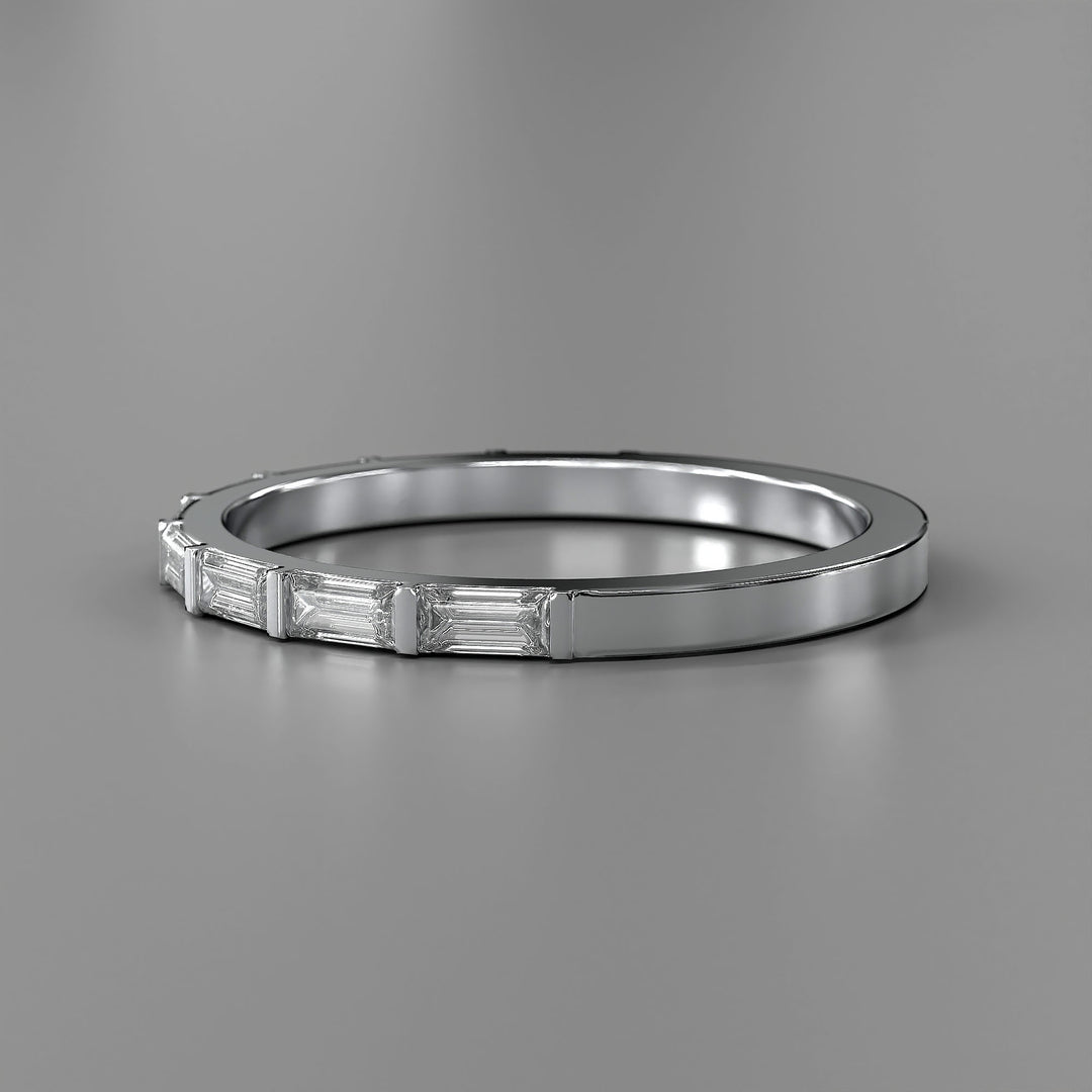Baguette lab diamond bar prong half eternity wedding band
