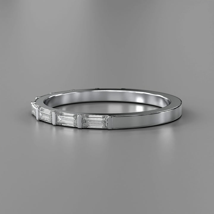 Baguette lab diamond bar prong half eternity wedding band