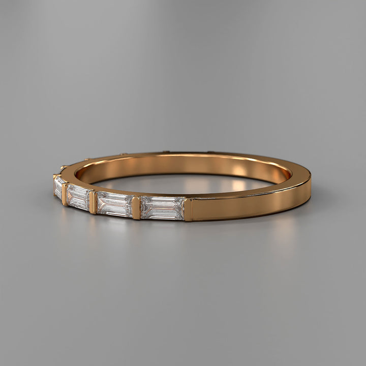 Baguette lab diamond bar prong half eternity wedding band