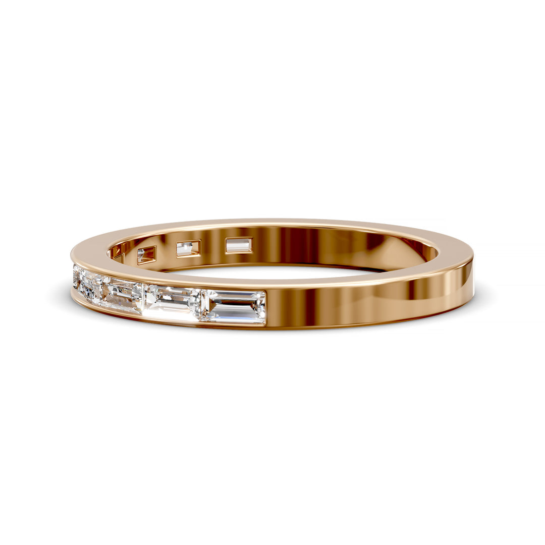 Baguette channel set modern wedding band in polished metal finish