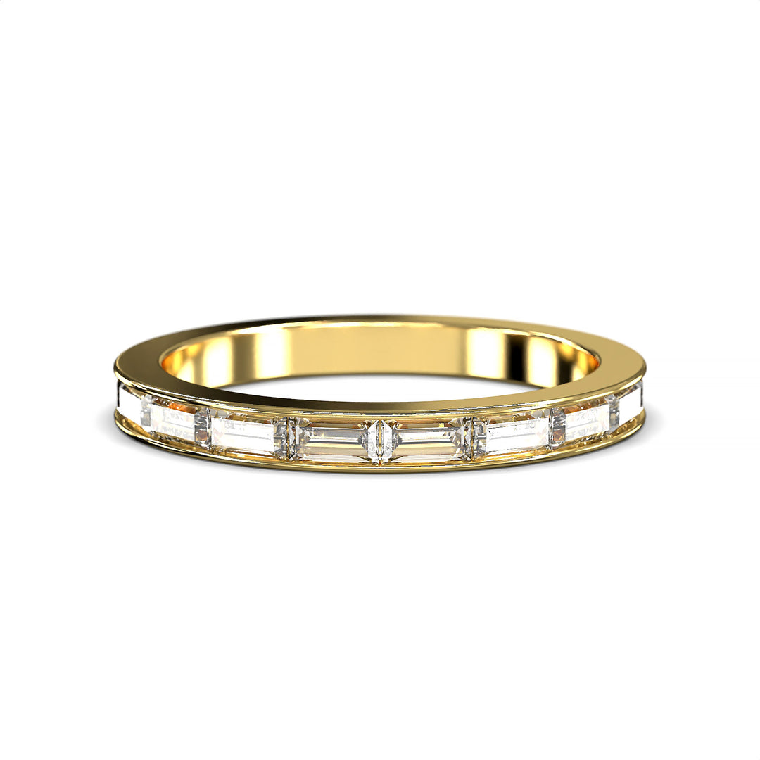Baguette diamond half eternity channel set wedding band on a white background