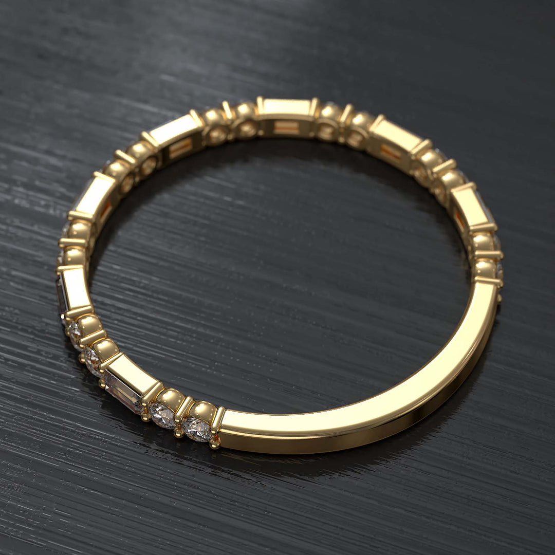 Lab-grown diamond band with alternating baguette and round diamonds, crafted in gold or platinum.