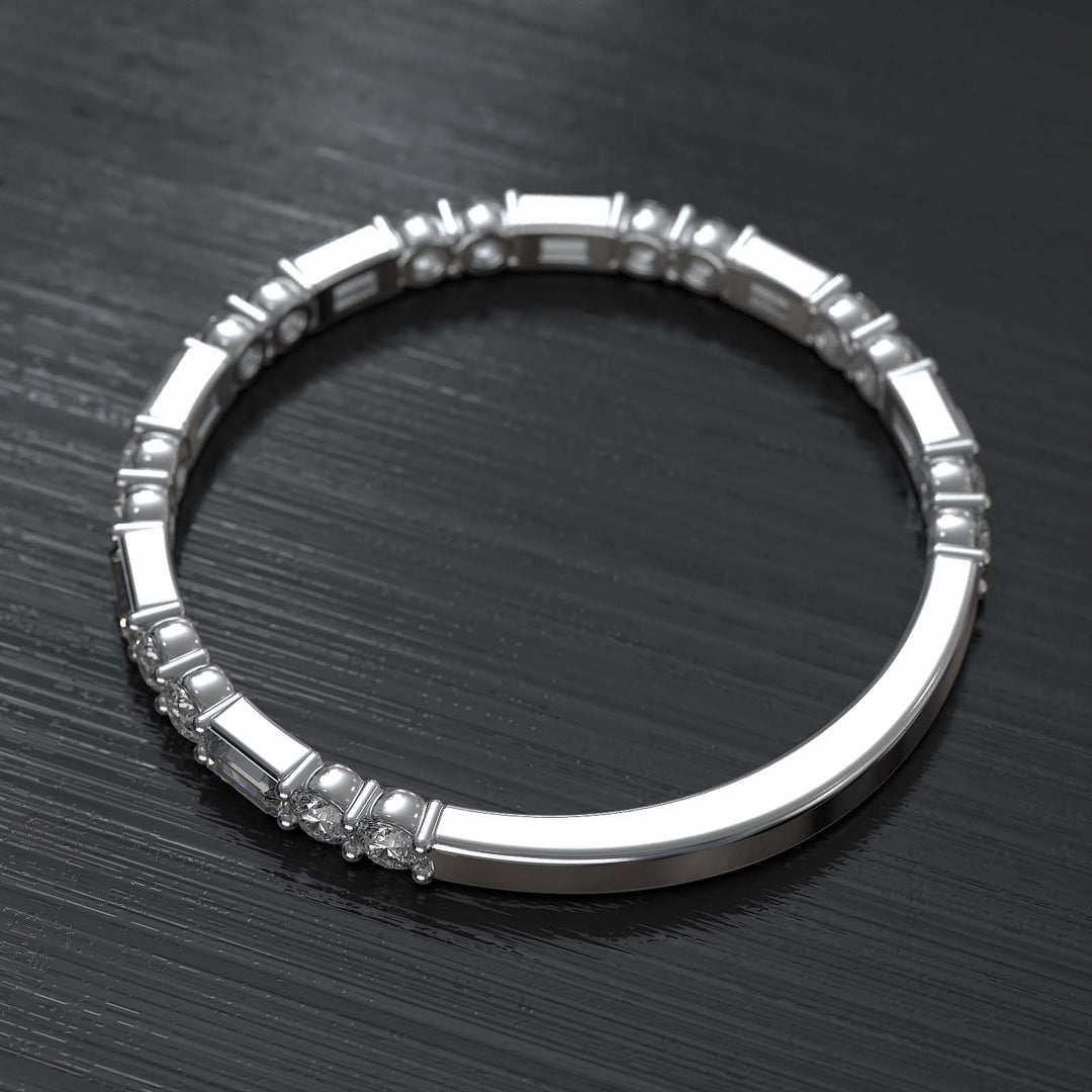 Lab-grown diamond band with alternating baguette and round diamonds, crafted in gold or platinum.