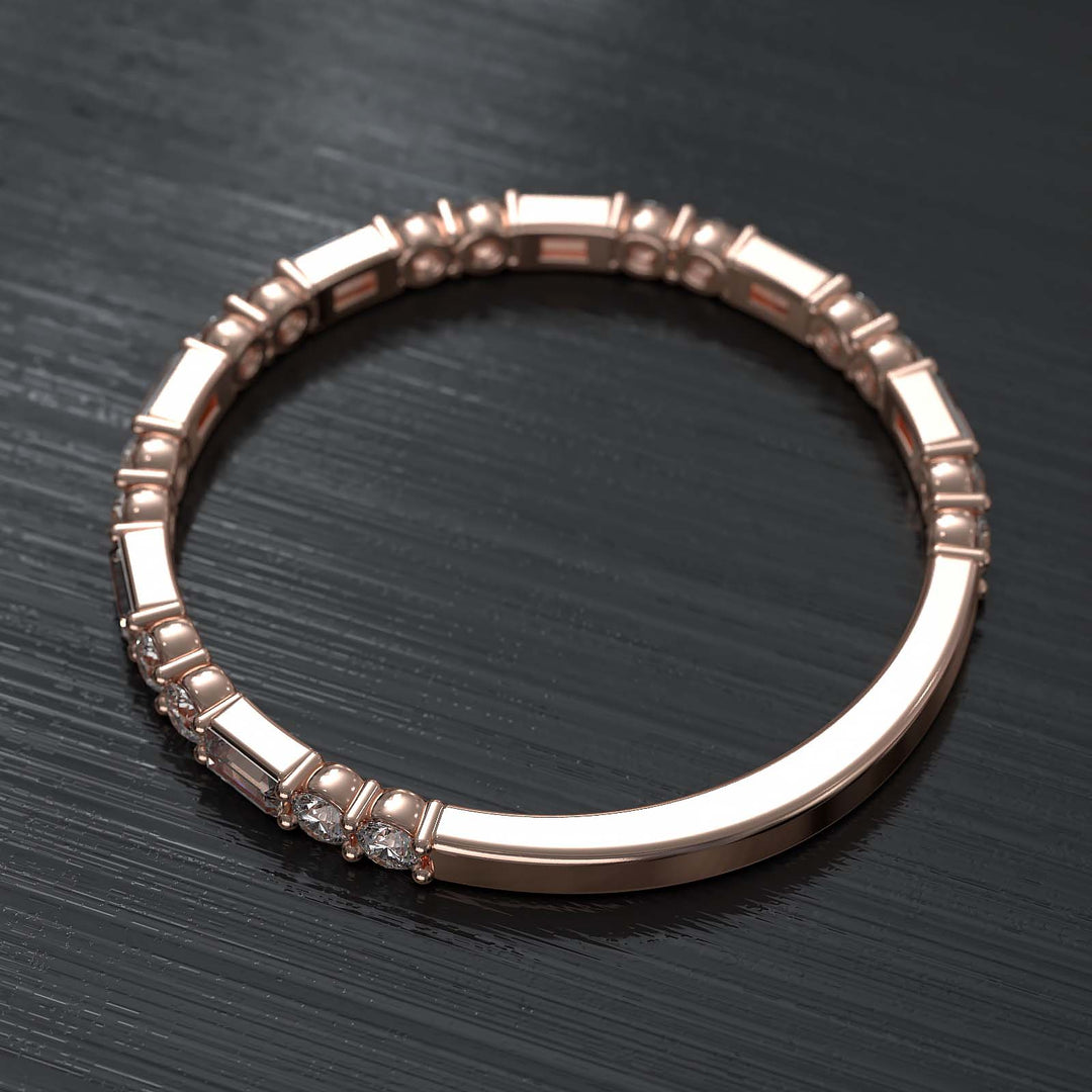 Lab-grown diamond band with alternating baguette and round diamonds, crafted in gold or platinum.