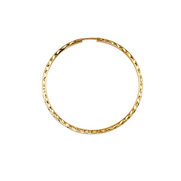 10K yellow gold hoop sleepers earrings with an intricate pattern, 2mm width, and 40mm length.