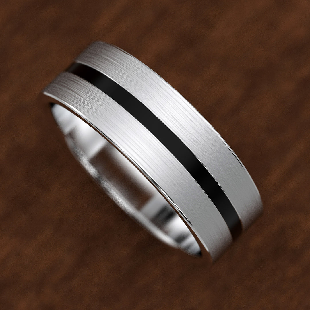 men’s brushed band with black enamel center inlay