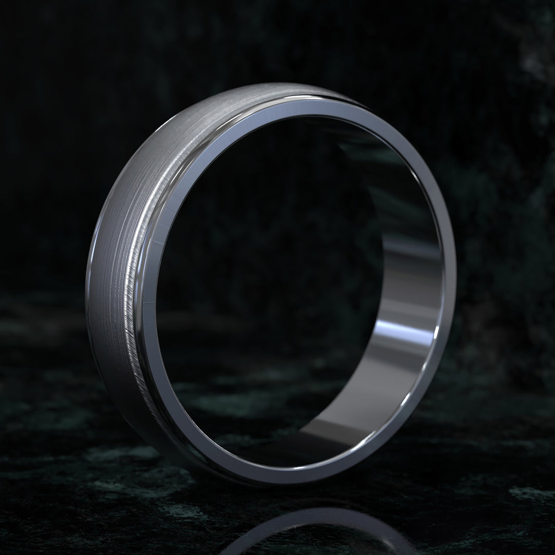 Brushed center domed men’s wedding band with rounded edges