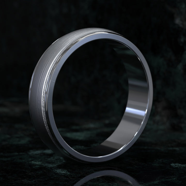 Brushed center domed men’s wedding band with rounded edges