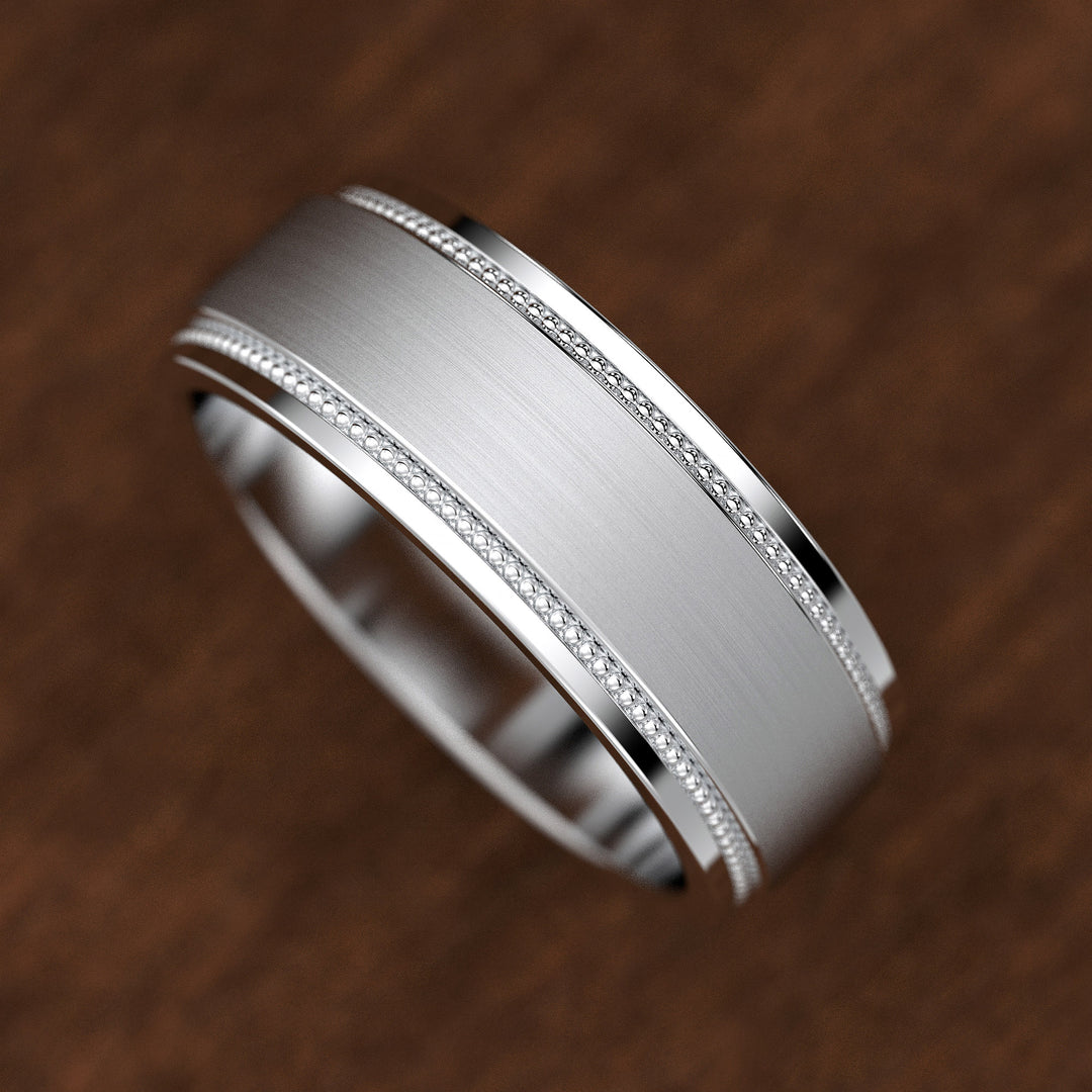 men’s brushed center band with double milgrain borders in wide profile