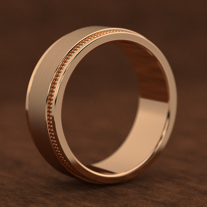 men’s brushed center band with double milgrain borders in wide profile