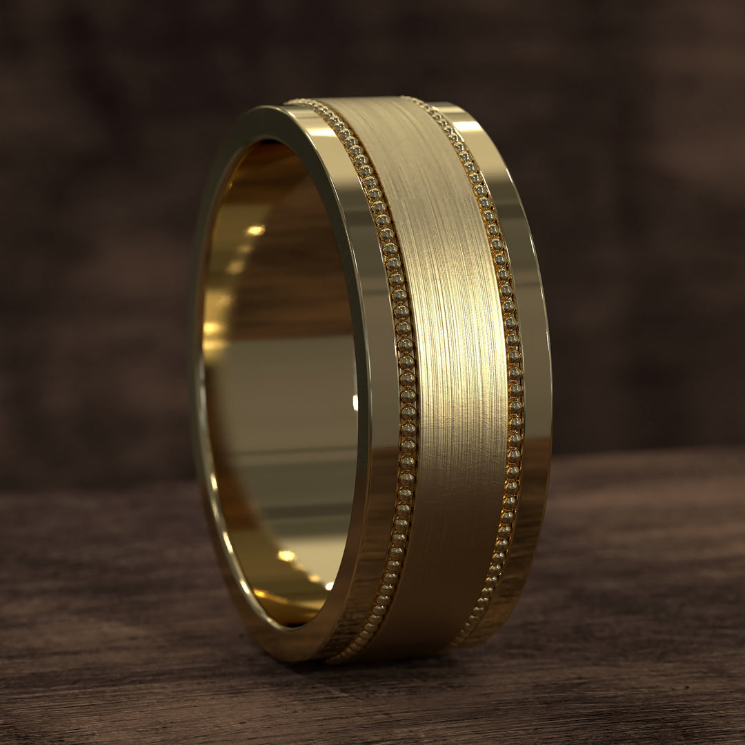 8mm brushed band with beaded filigree detail and polished edges