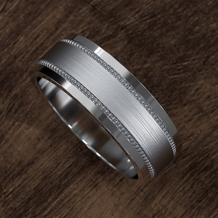 8mm brushed band with beaded filigree detail and polished edges