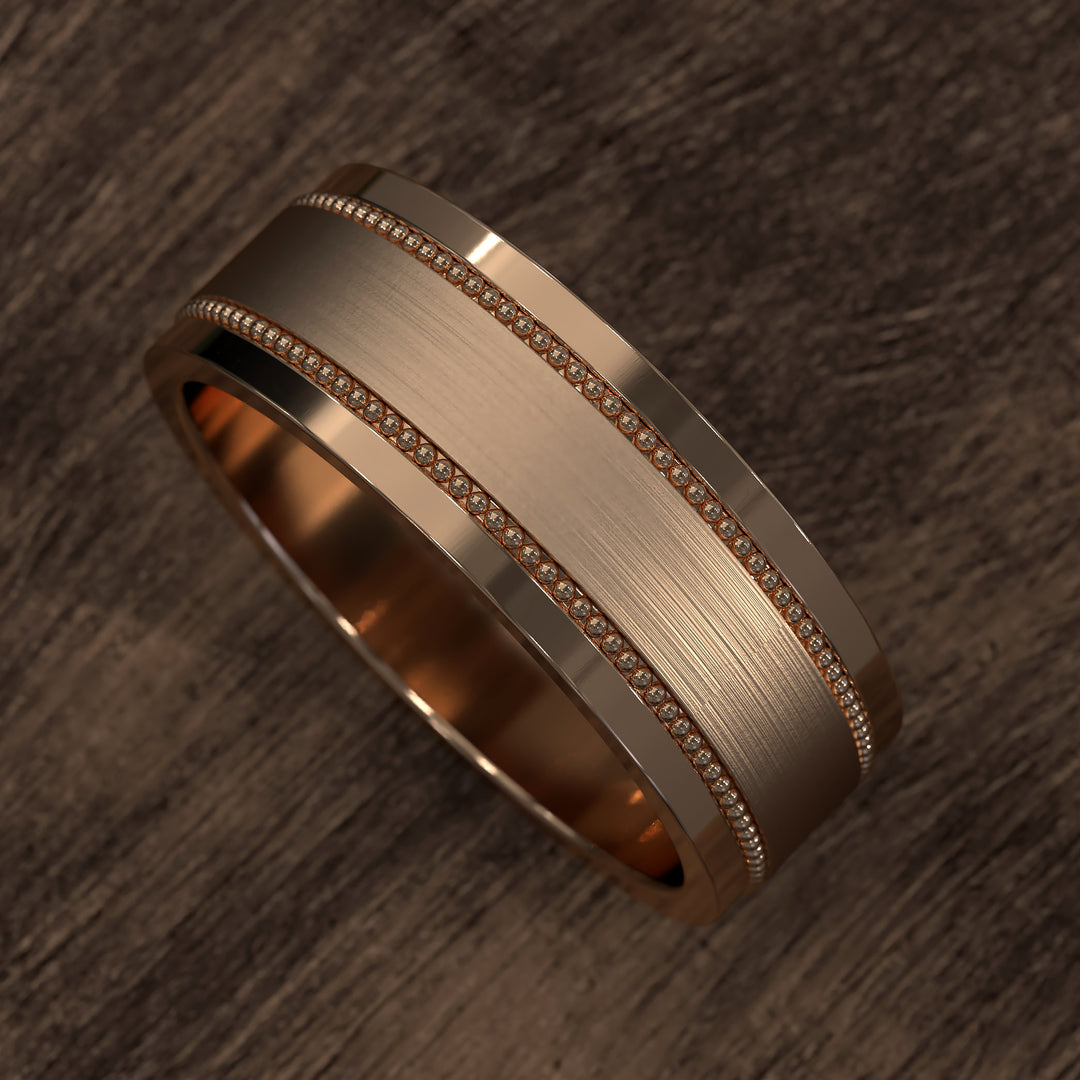 8mm brushed band with beaded filigree detail and polished edges