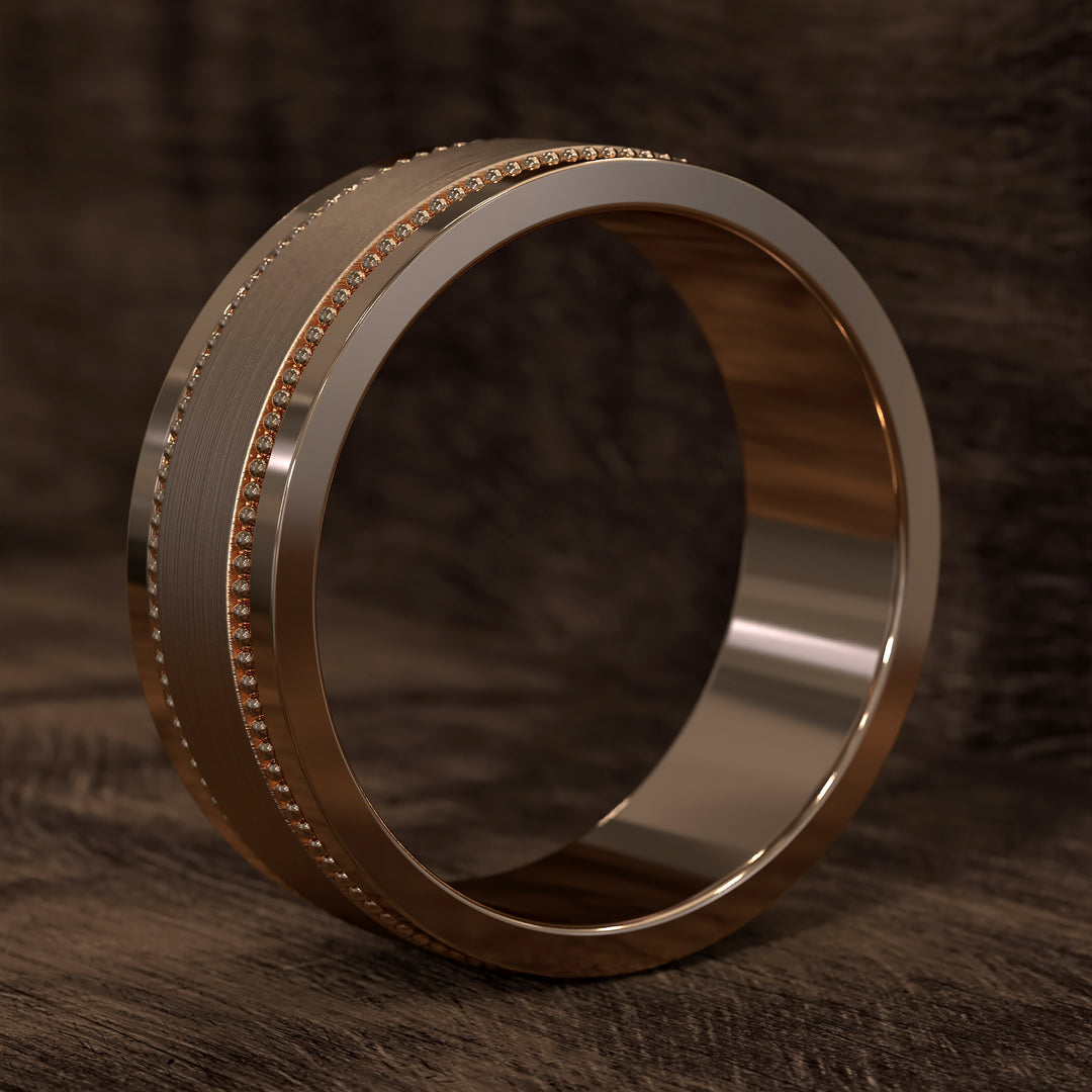 8mm brushed band with beaded filigree detail and polished edges