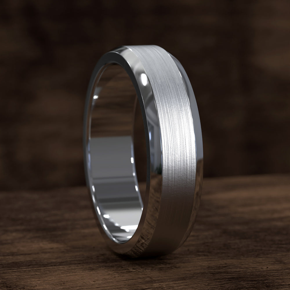 brushed flat beveled edge band with smooth center and comfort fit design