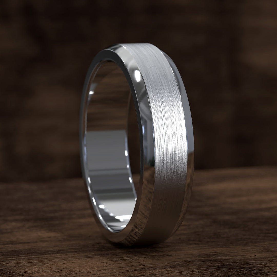brushed flat beveled edge band with smooth center and comfort fit design