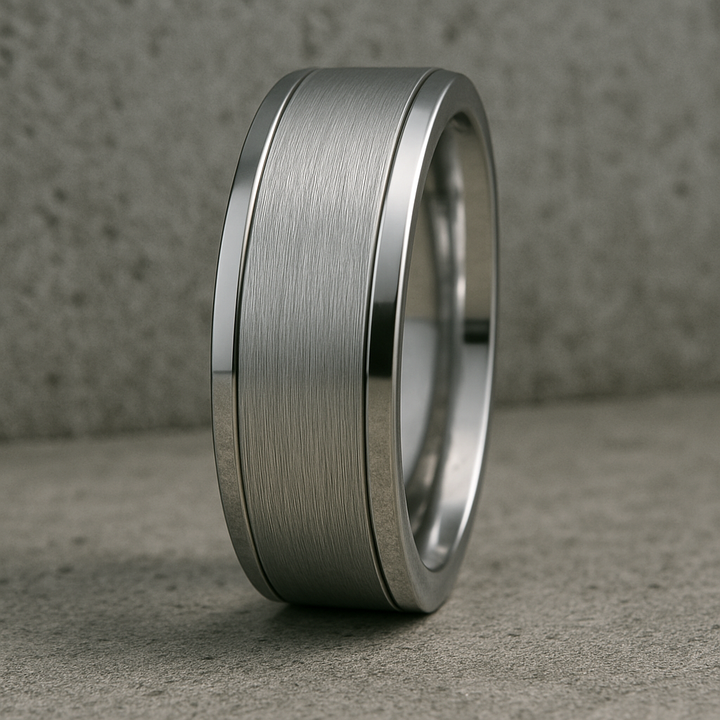 Custom 7mm men’s wedding band with brushed center and polished edges