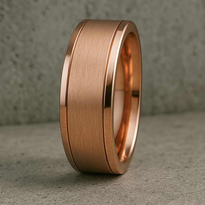 Custom 7mm men’s wedding band with brushed center and polished edges