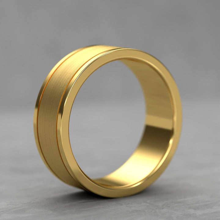Center brushed men’s wedding band with polished double grooves
