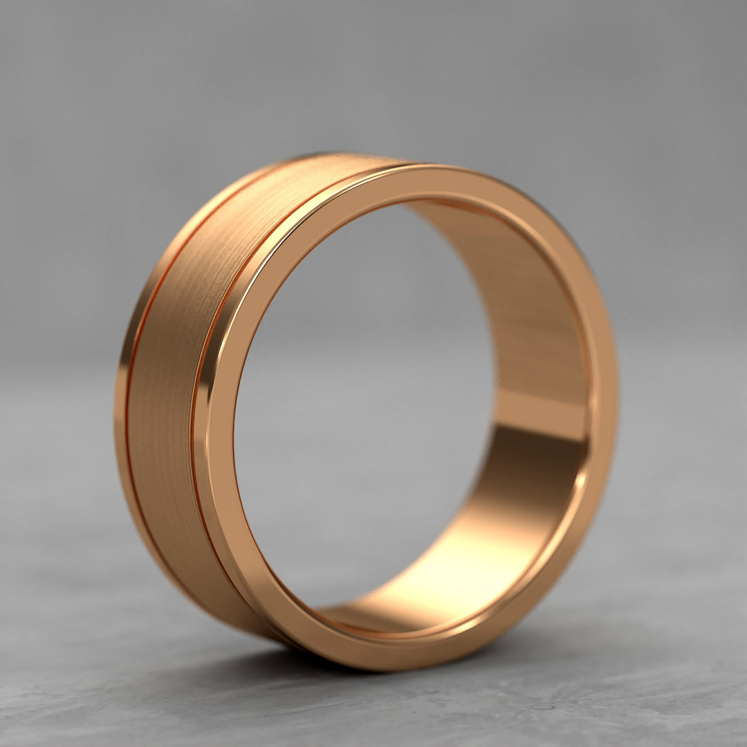 Center brushed men’s wedding band with polished double grooves