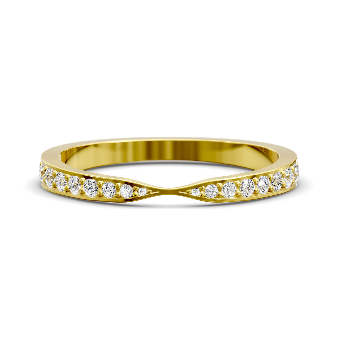 Channel set gold wedding band with tapered top and round brilliant stones