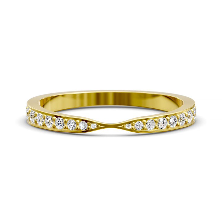 Channel set gold wedding band with tapered top and round brilliant stones
